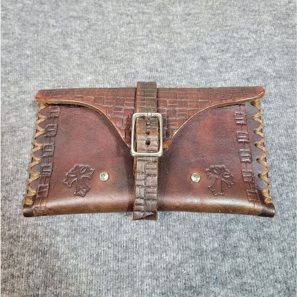 Vtg 80's Cowboy  Holder Pouch Brown Leather Handmade Buckle Western Wallet - Picture 1 of 9